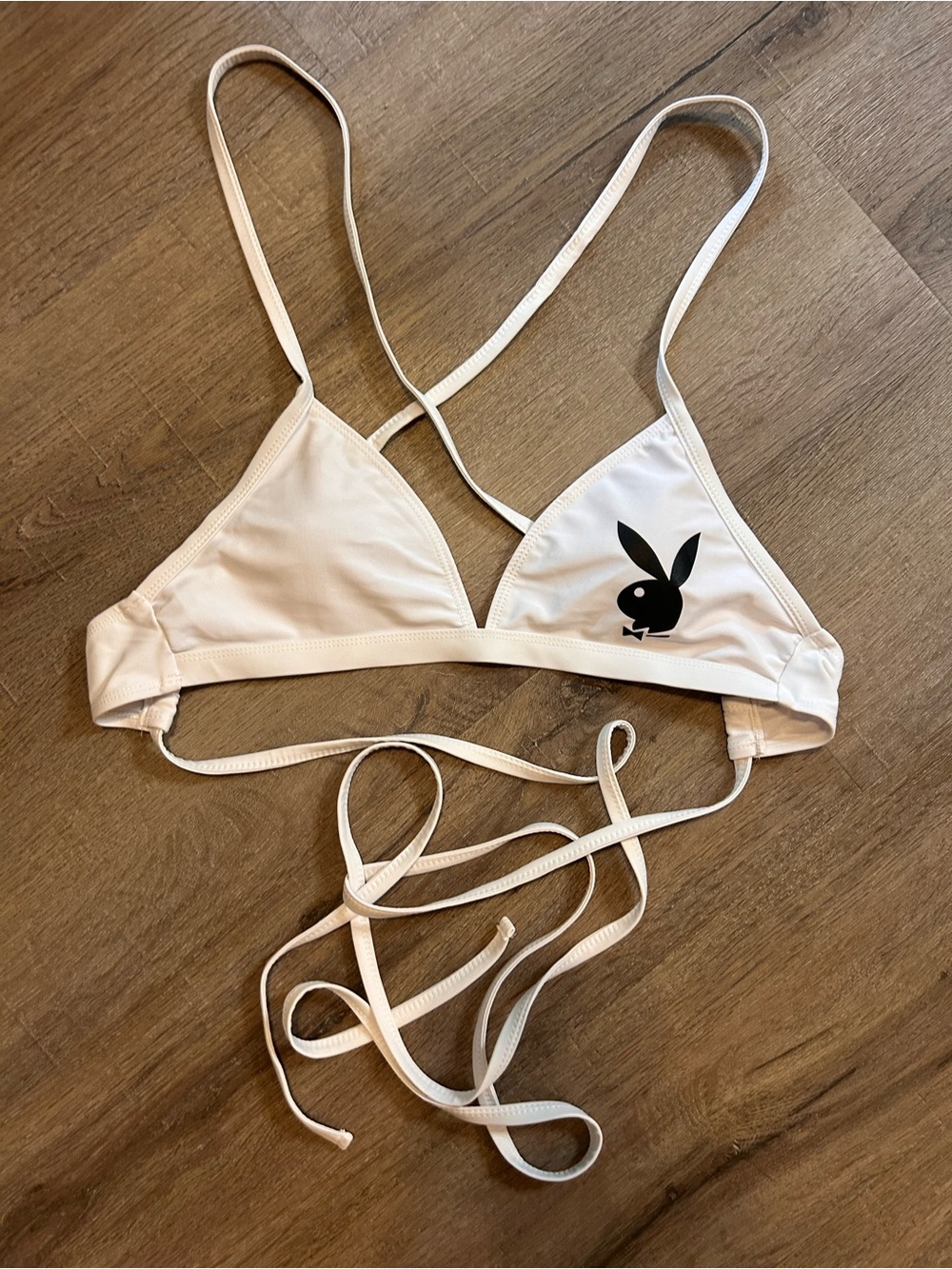 Playboy Bikini Top Womens M Ivory Triangle Halter Tie Logo Y2K Swimwear